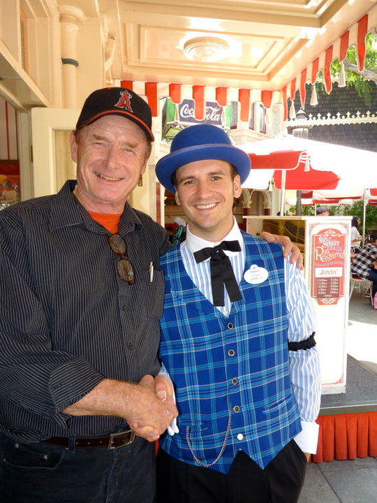 Johnny Hodges congratulating Jonny May on Jonny's final day at Disneyland - Year 2014