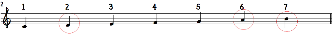 C Major Scale with Color Tones circled